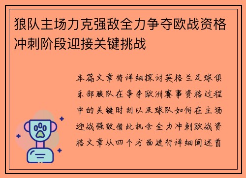 狼队主场力克强敌全力争夺欧战资格冲刺阶段迎接关键挑战