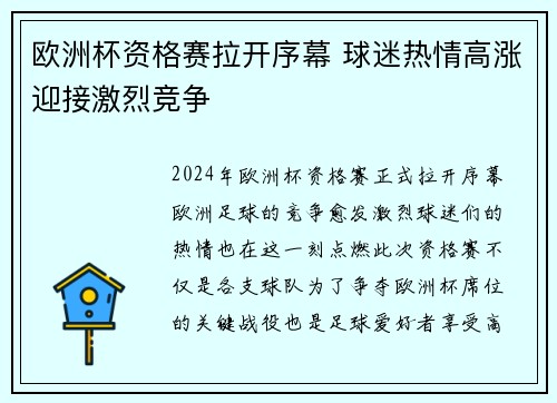 欧洲杯资格赛拉开序幕 球迷热情高涨迎接激烈竞争