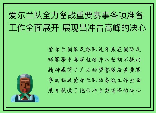 爱尔兰队全力备战重要赛事各项准备工作全面展开 展现出冲击高峰的决心与信心