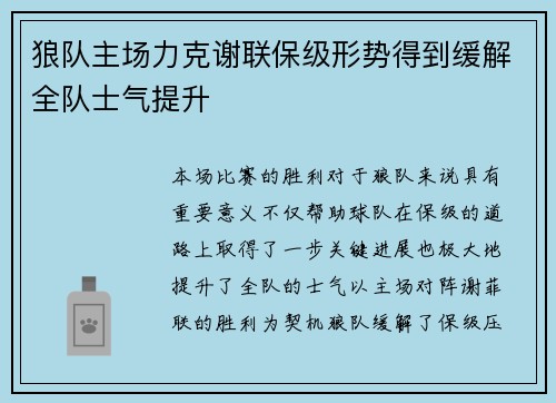 狼队主场力克谢联保级形势得到缓解全队士气提升