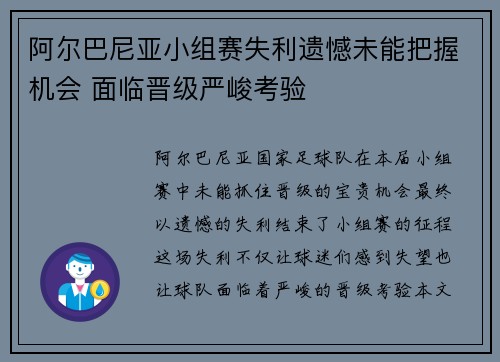 阿尔巴尼亚小组赛失利遗憾未能把握机会 面临晋级严峻考验