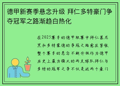 德甲新赛季悬念升级 拜仁多特豪门争夺冠军之路渐趋白热化