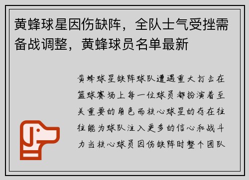 黄蜂球星因伤缺阵，全队士气受挫需备战调整，黄蜂球员名单最新